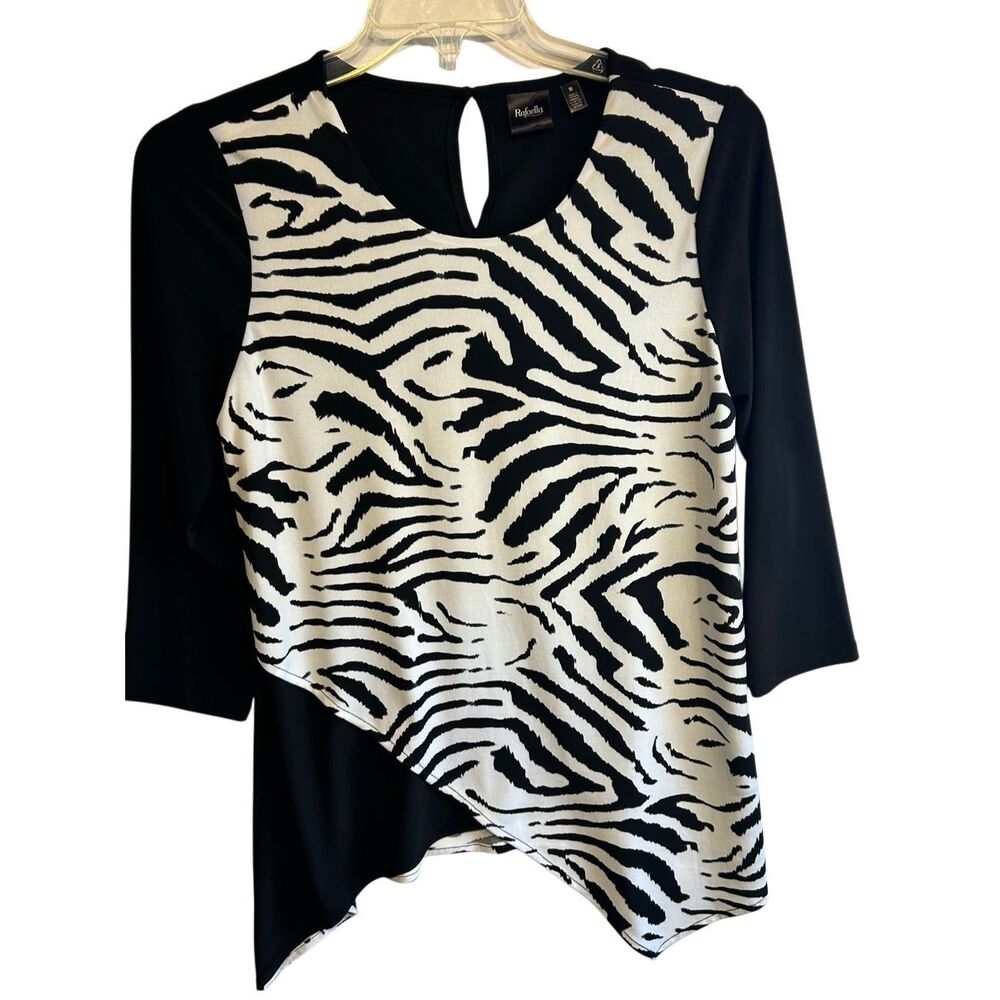 Rafaella Women's Size M Zebra Print Asymmetric Tunic Blouse Black White 3/4 Slee